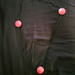 Long black chain necklace with pink plastic gems